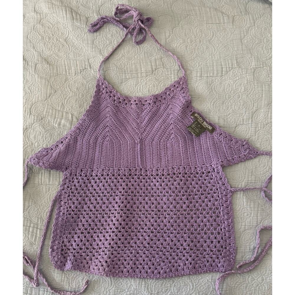 Vintage Bisou Bisou Purple Crochet Tank Halter Top Y2K Boho 90s Sz S - Picture 3 of 6